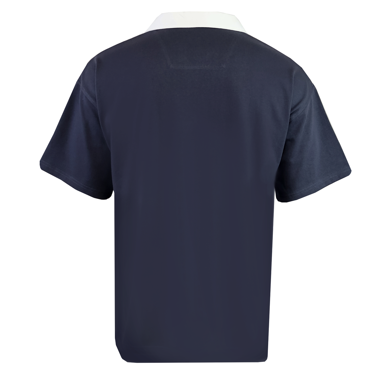 The Canterbury Fundamental Solid Dye Short Sleeve Rugby Jersey by Canterbury is displayed from the back, featuring a navy blue color and a white collar against a plain background.