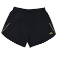 The Canterbury Women's Tempo+ 5" Training Shorts feature an elastic waistband, two zippered side pockets, moisture-wicking fabric, and a yellow logo on the lower right leg.