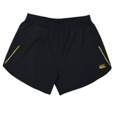 The Canterbury Women's Tempo+ 5" Training Shorts feature an elastic waistband, two zippered side pockets, moisture-wicking fabric, and a yellow logo on the lower right leg.
