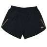 The Canterbury Women's Tempo+ 5" Training Shorts feature an elastic waistband, two zippered side pockets, moisture-wicking fabric, and a yellow logo on the lower right leg.