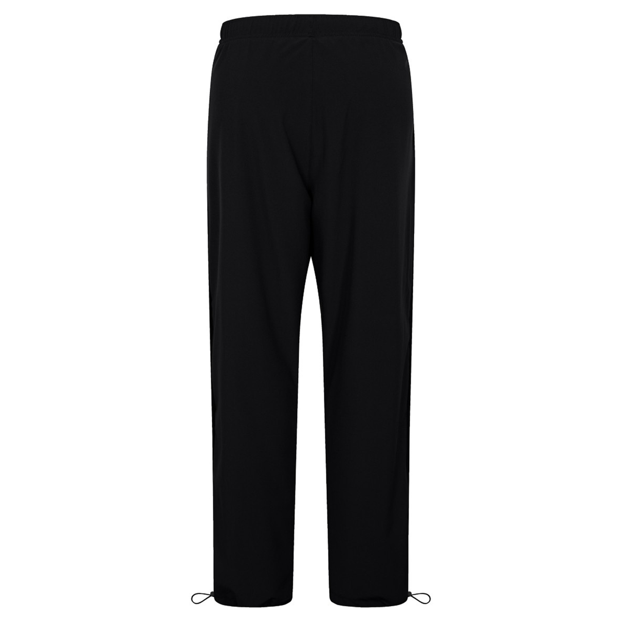 Back view of the Tempo+ 32" Trackpant by Canterbury, featuring a plain black design, elastic waistband, and adjustable ankle drawstrings.