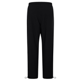 Back view of the Tempo+ 32" Trackpant by Canterbury, featuring a plain black design, elastic waistband, and adjustable ankle drawstrings.