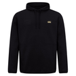 The Canterbury Tempo+ Hoodie is a plain black rugby hoodie with a small gold logo on the left chest and an adjustable drawstring hood.