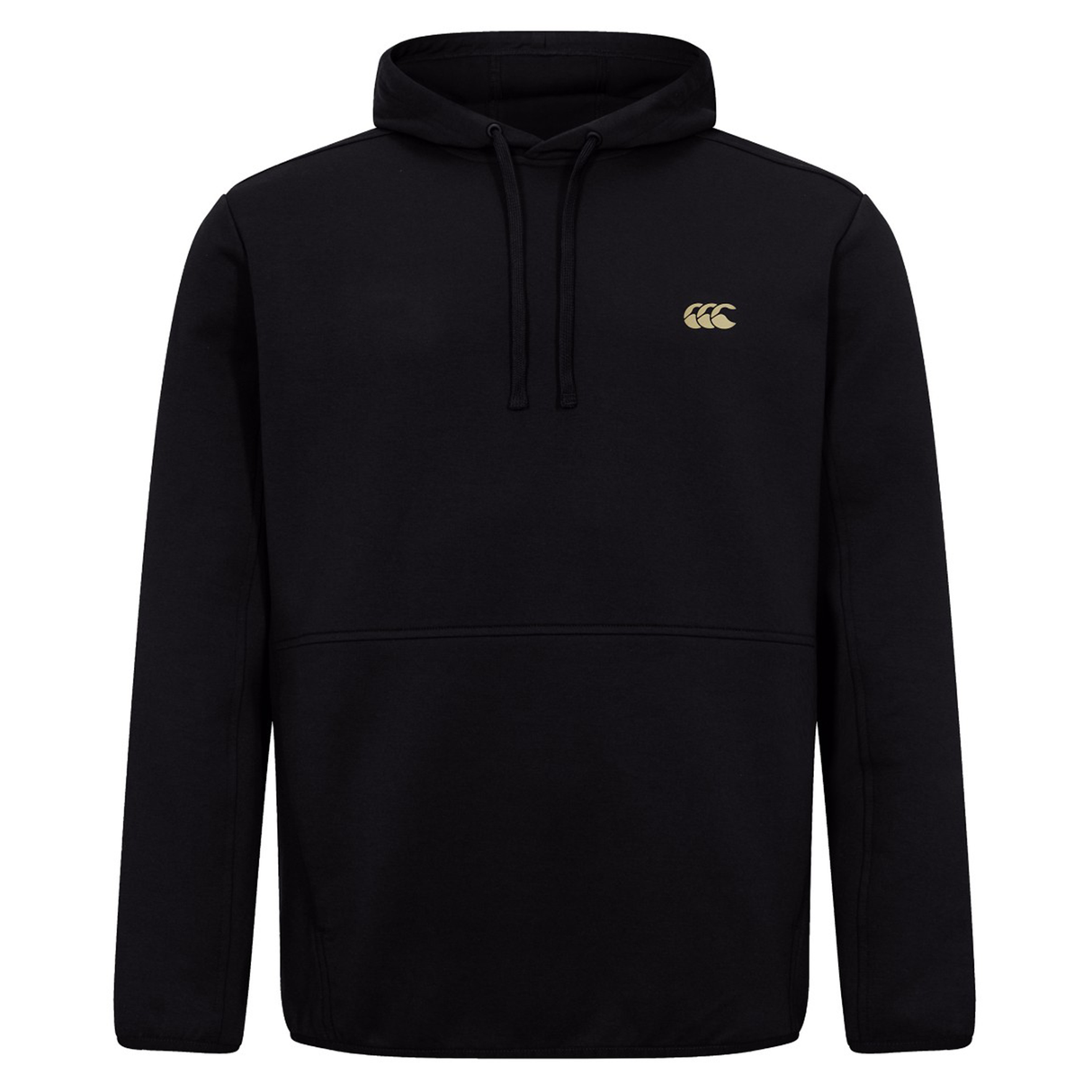 The Canterbury Tempo+ Hoodie is a plain black rugby hoodie with a small gold logo on the left chest and an adjustable drawstring hood.