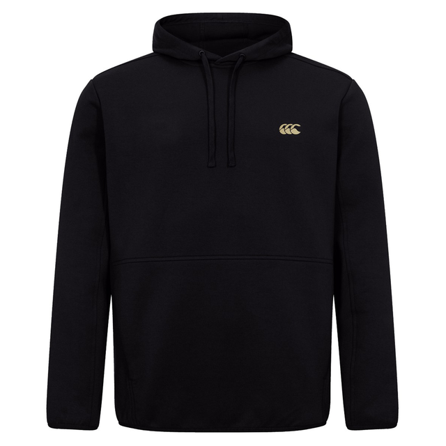 The Canterbury Tempo+ Hoodie is a plain black rugby hoodie with a small gold logo on the left chest and an adjustable drawstring hood.