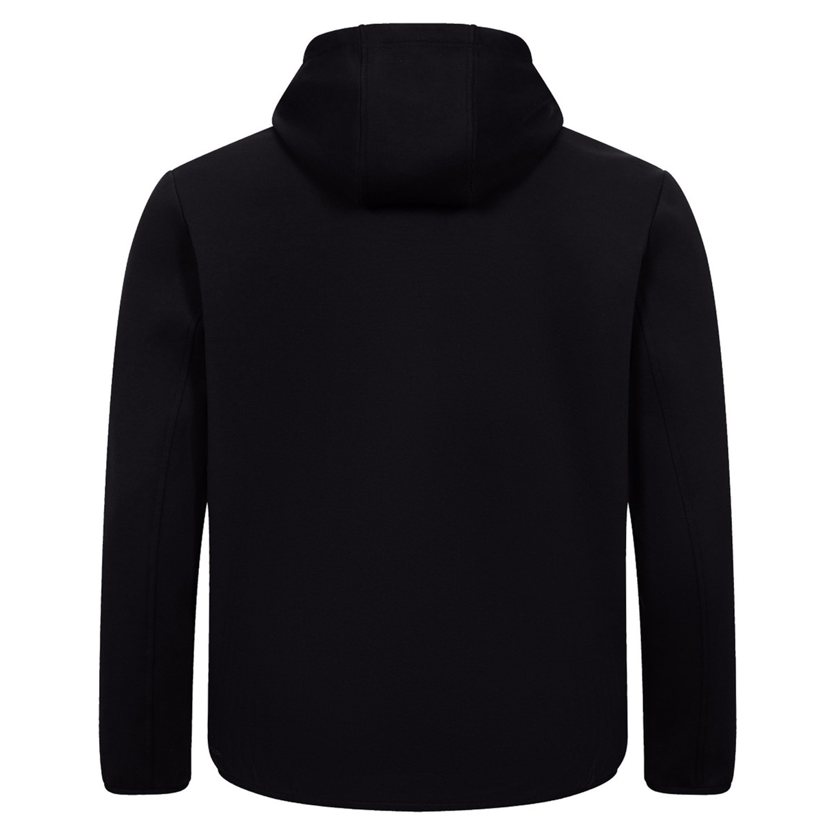 The Canterbury Tempo+ Hoodie is pictured from the back on a white background, featuring a plain black design.