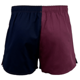 A pair of Canterbury's Canterbury of New Zealand 3" Harlequin Shorts, designed with an elastic waistband and a Harlequin pattern; the left half is dark blue, and the right half is maroon.