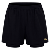 The Canterbury Tempo+ 5" 2-In-1 Shorts are black training shorts featuring an elastic waistband and a small gold logo on the lower left leg.