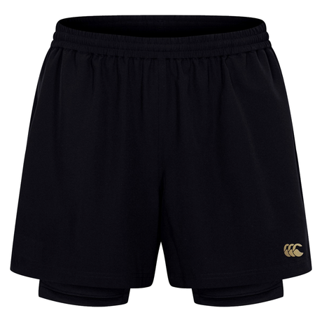 The Canterbury Tempo+ 5" 2-In-1 Shorts are black training shorts featuring an elastic waistband and a small gold logo on the lower left leg.