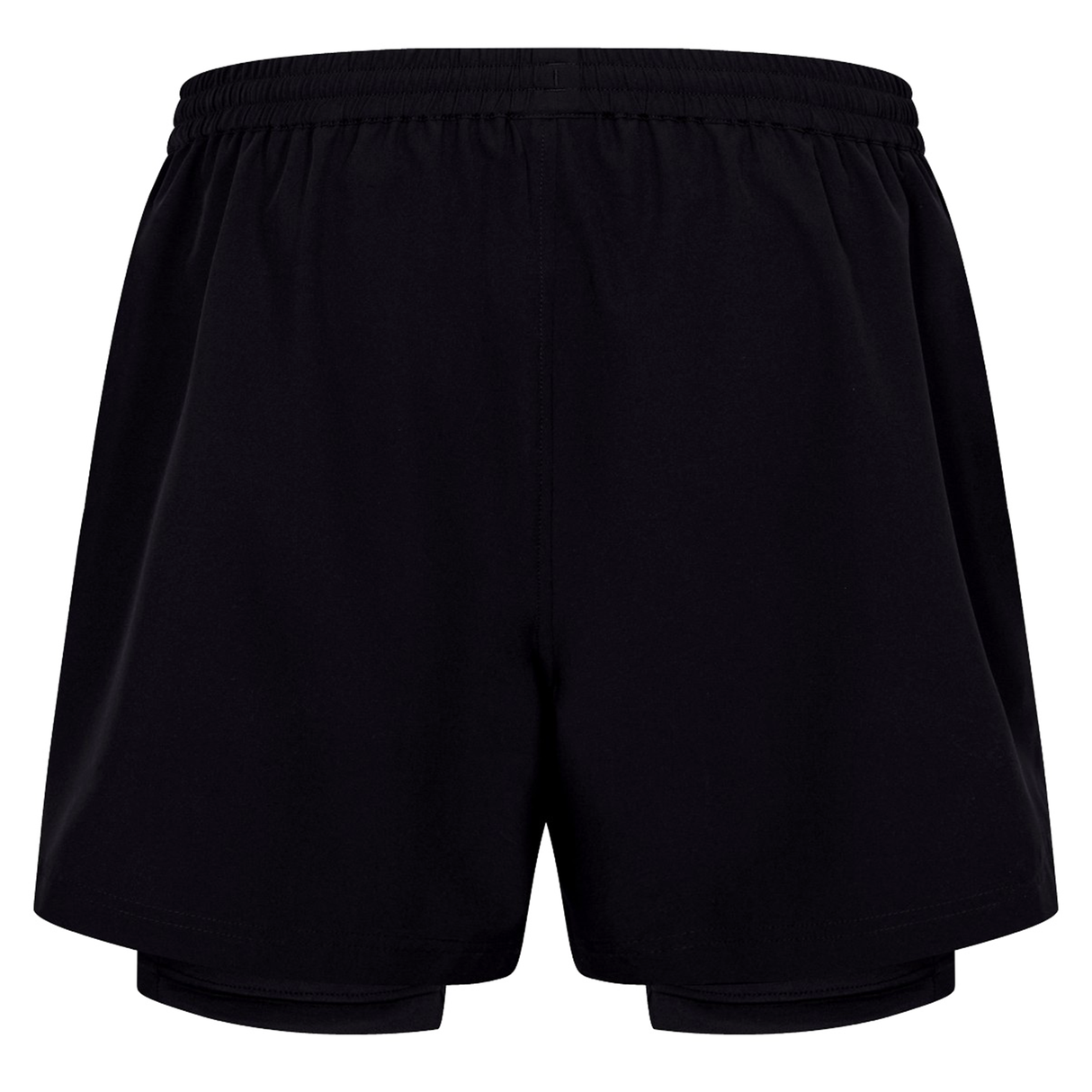 The Canterbury Tempo+ 5" 2-In-1 Short, shown from the front against a white background, features a black design with an elastic waistband—ideal for rugby training.