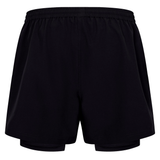 The Canterbury Tempo+ 5" 2-In-1 Short, shown from the front against a white background, features a black design with an elastic waistband—ideal for rugby training.