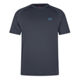 The Canterbury Tempo+ Training Tee is a dark blue, short-sleeve sports t-shirt with a dynamic design and a small logo on the left chest, made from moisture-wicking fabric for ultimate comfort.