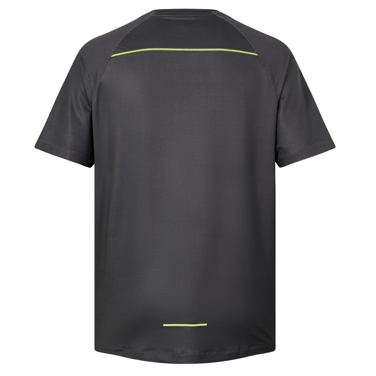 Back view of the Canterbury Tempo+ Training Tee by Canterbury: a short-sleeved black sports shirt with a yellow stripe near the shoulders and a small yellow bar at the lower back.