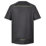 Back view of the Canterbury Tempo+ Training Tee by Canterbury: a short-sleeved black sports shirt with a yellow stripe near the shoulders and a small yellow bar at the lower back.