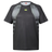 The Tempo+ Training Tee by Canterbury H225 is a black short-sleeve athletic shirt with gray patterned shoulder and side panels, yellow chest logo—ideal for your next workout.