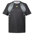 The Tempo+ Training Tee by Canterbury H225 is a black short-sleeve athletic shirt with gray patterned shoulder and side panels, yellow chest logo—ideal for your next workout.