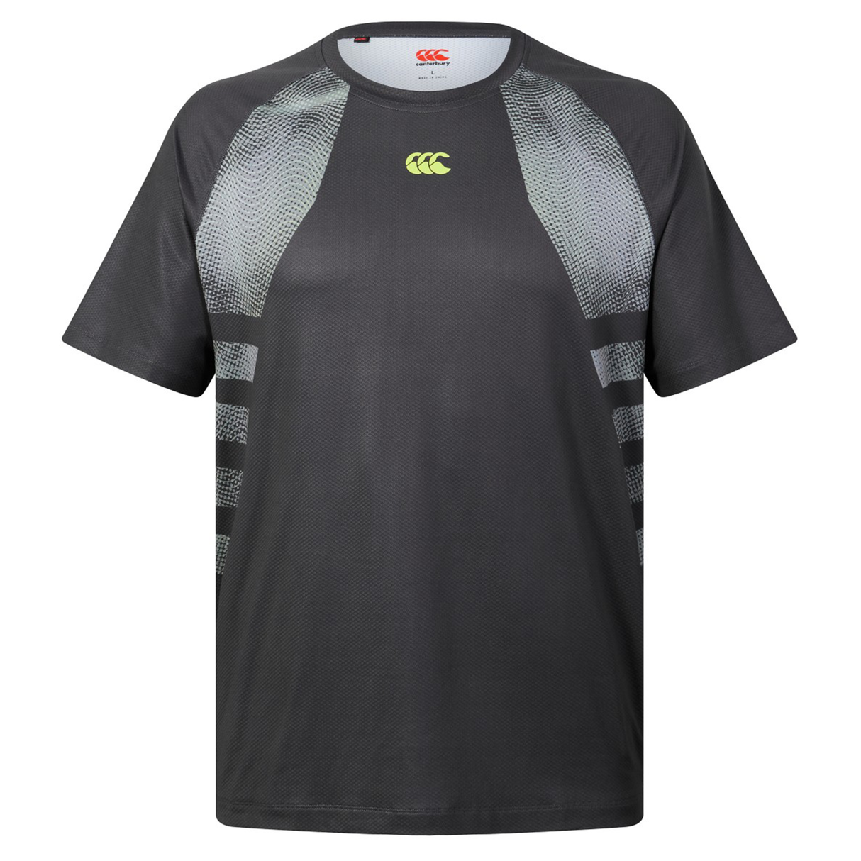 The Tempo+ Training Tee by Canterbury H225 is a black short-sleeve athletic shirt with gray patterned shoulder and side panels, yellow chest logo—ideal for your next workout.