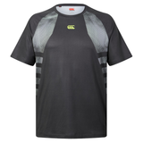 The Tempo+ Training Tee by Canterbury H225 is a black short-sleeve athletic shirt with gray patterned shoulder and side panels, yellow chest logo—ideal for your next workout.