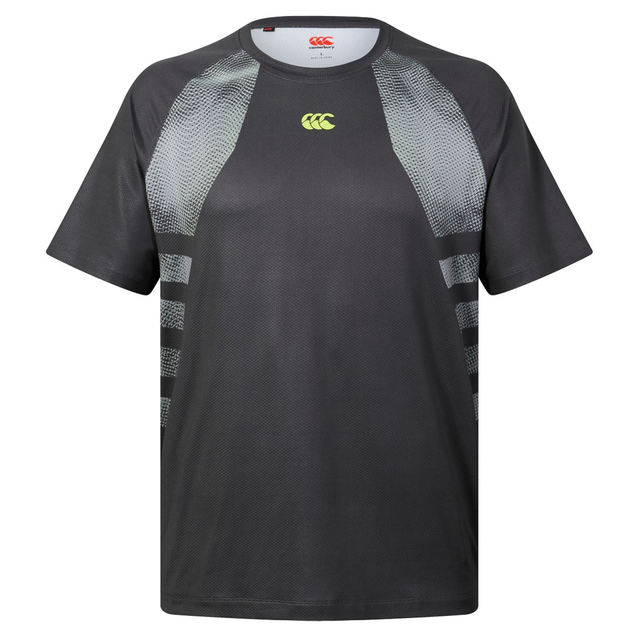 The Tempo+ Training Tee by Canterbury H225 is a black short-sleeve athletic shirt with gray patterned shoulder and side panels, yellow chest logo—ideal for your next workout.