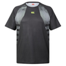 The Tempo+ Training Tee by Canterbury H225 is a black short-sleeve athletic shirt with gray patterned shoulder and side panels, yellow chest logo—ideal for your next workout.