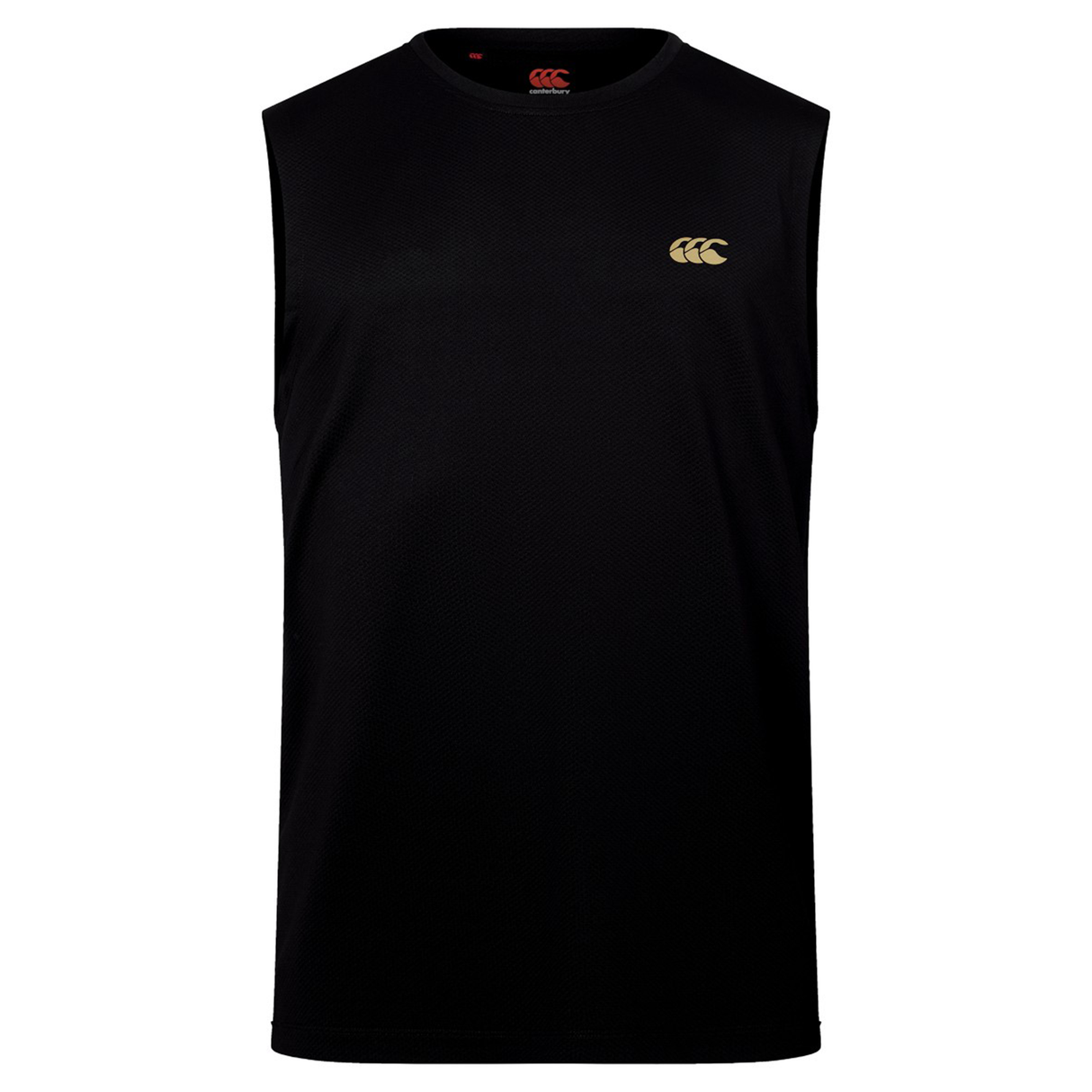 The Canterbury Tempo+ Training Tank is a sleeveless black top with an athletic fit, showcasing a small gold Canterbury logo on the left chest, displayed on a white background.