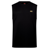 The Canterbury Tempo+ Training Tank is a sleeveless black top with an athletic fit, showcasing a small gold Canterbury logo on the left chest, displayed on a white background.