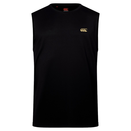 The Canterbury Tempo+ Training Tank is a sleeveless black top with an athletic fit, showcasing a small gold Canterbury logo on the left chest, displayed on a white background.