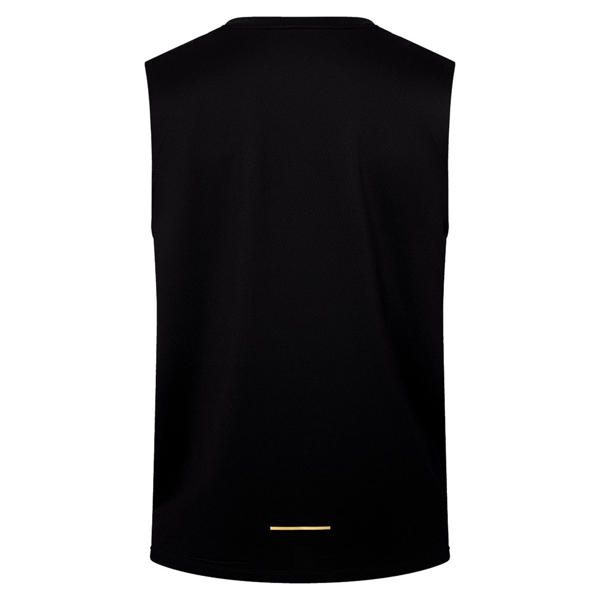 The Canterbury Tempo+ Training Tank is a sleeveless black top with an athletic fit, shown from the back, featuring a minimalist design and a small gold accent near the lower hem.