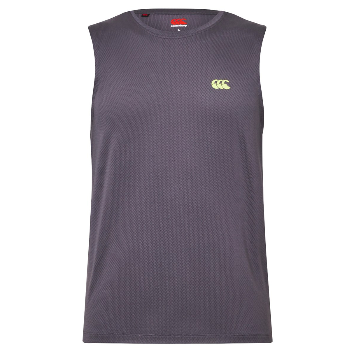 Canterbury’s Tempo+ Training Tank is a sleeveless, dark gray top with a small yellow logo on the left chest and an athletic fit for comfortable workouts.