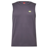 Canterbury’s Tempo+ Training Tank is a sleeveless, dark gray top with a small yellow logo on the left chest and an athletic fit for comfortable workouts.