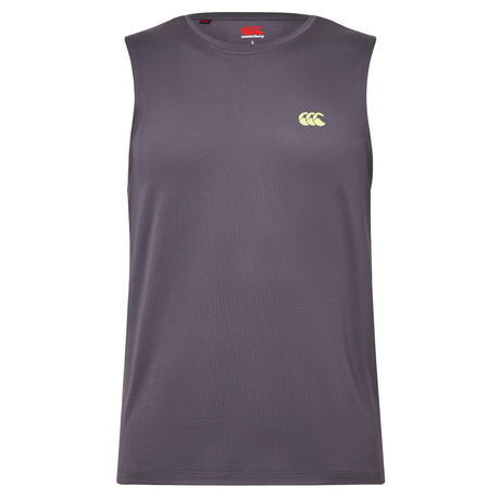 Canterbury’s Tempo+ Training Tank is a sleeveless, dark gray top with a small yellow logo on the left chest and an athletic fit for comfortable workouts.