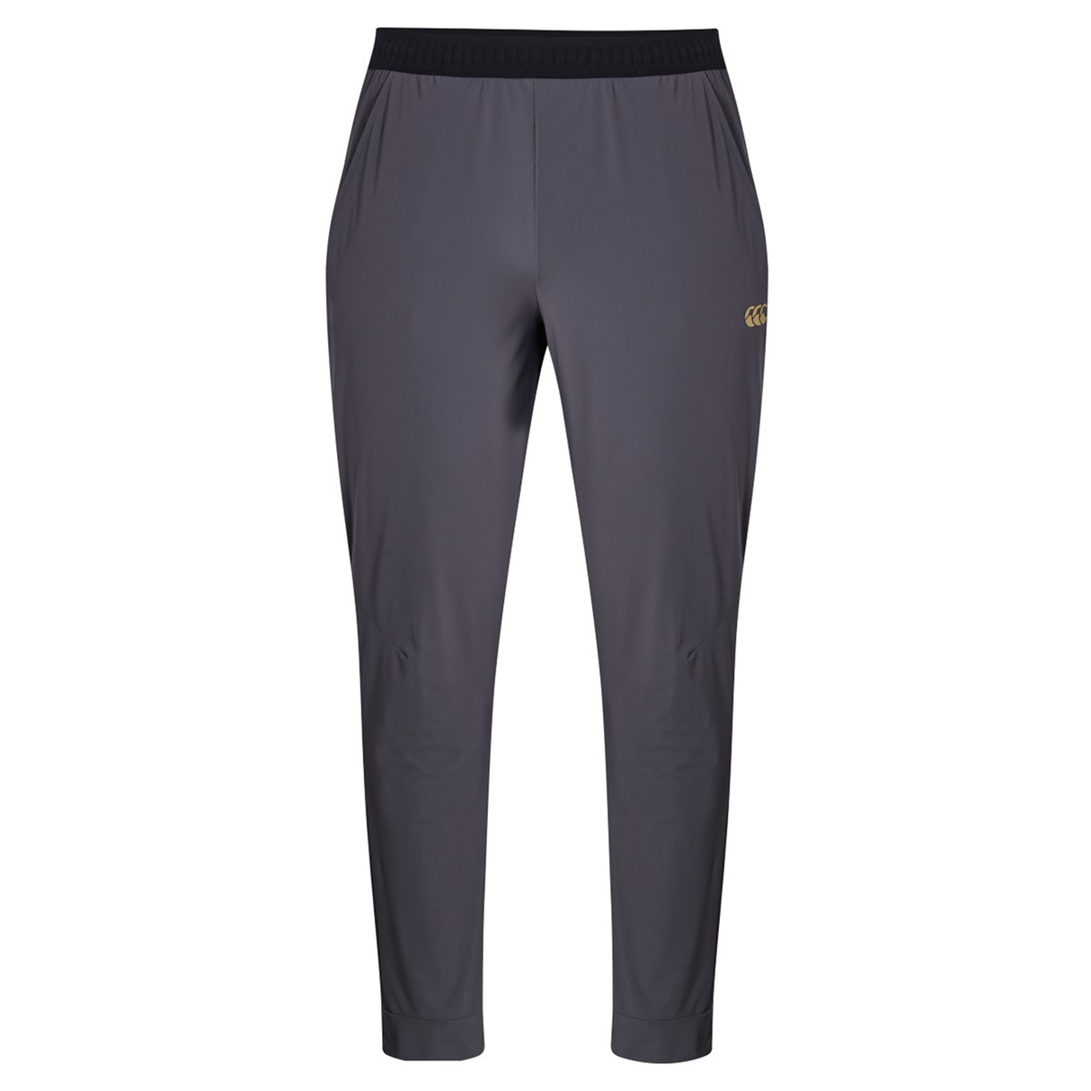 The Canterbury Everest Woven Pants are gray with an elastic waistband and a small gold logo on the left thigh—ideal performance training pants for any athlete, shown against a white background.