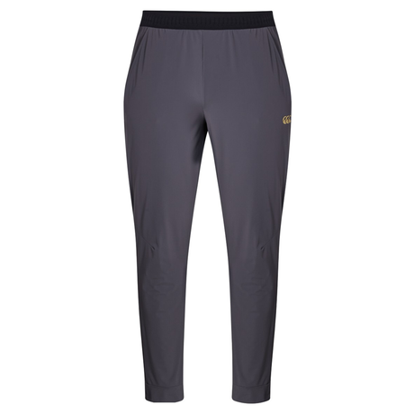 The Canterbury Everest Woven Pants are gray with an elastic waistband and a small gold logo on the left thigh—ideal performance training pants for any athlete, shown against a white background.