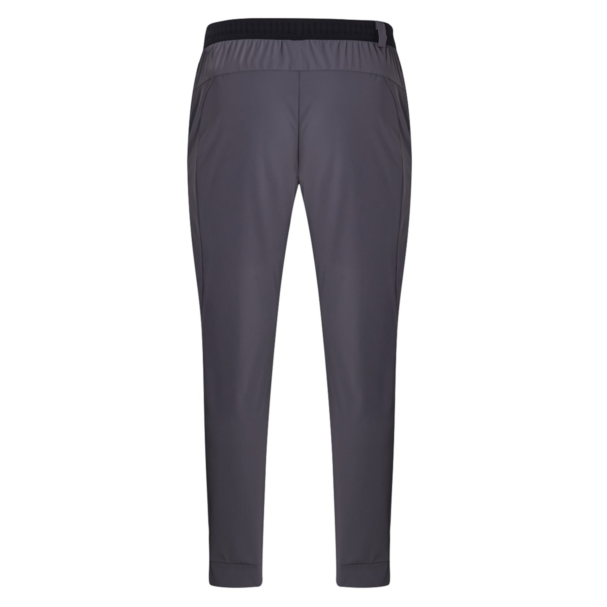 Back view of Canterbury Everest Woven Pants by Canterbury in gray, featuring a black elastic waistband and side pockets, shown against a white background.