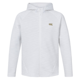 The Everest Training Full-Zip Hoodie by Canterbury is a lightweight white athletic hoodie with long sleeves, a subtle textured pattern, and a small gold Canterbury logo on the left chest.