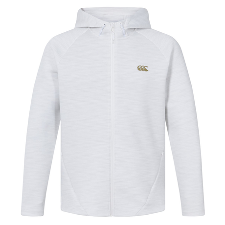 The Everest Training Full-Zip Hoodie by Canterbury is a lightweight white athletic hoodie with long sleeves, a subtle textured pattern, and a small gold Canterbury logo on the left chest.