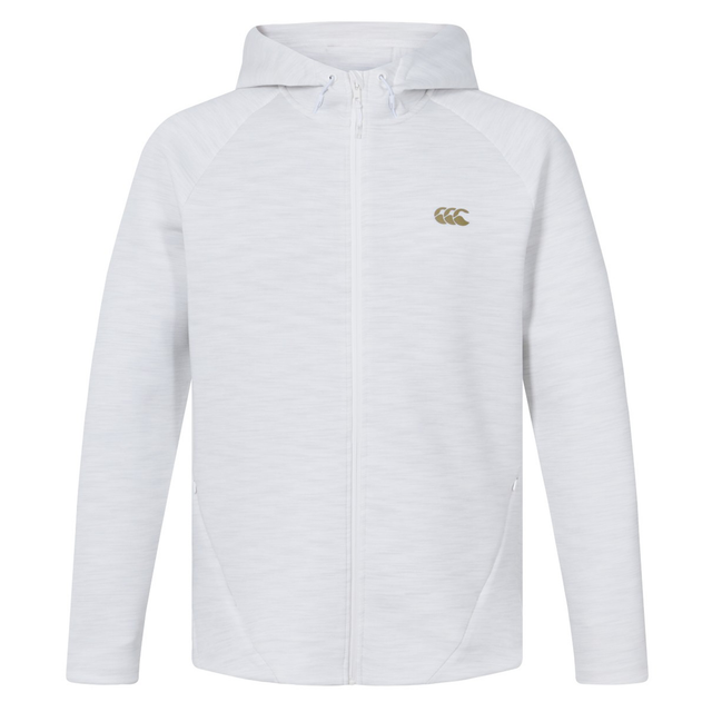 The Everest Training Full-Zip Hoodie by Canterbury is a lightweight white athletic hoodie with long sleeves, a subtle textured pattern, and a small gold Canterbury logo on the left chest.