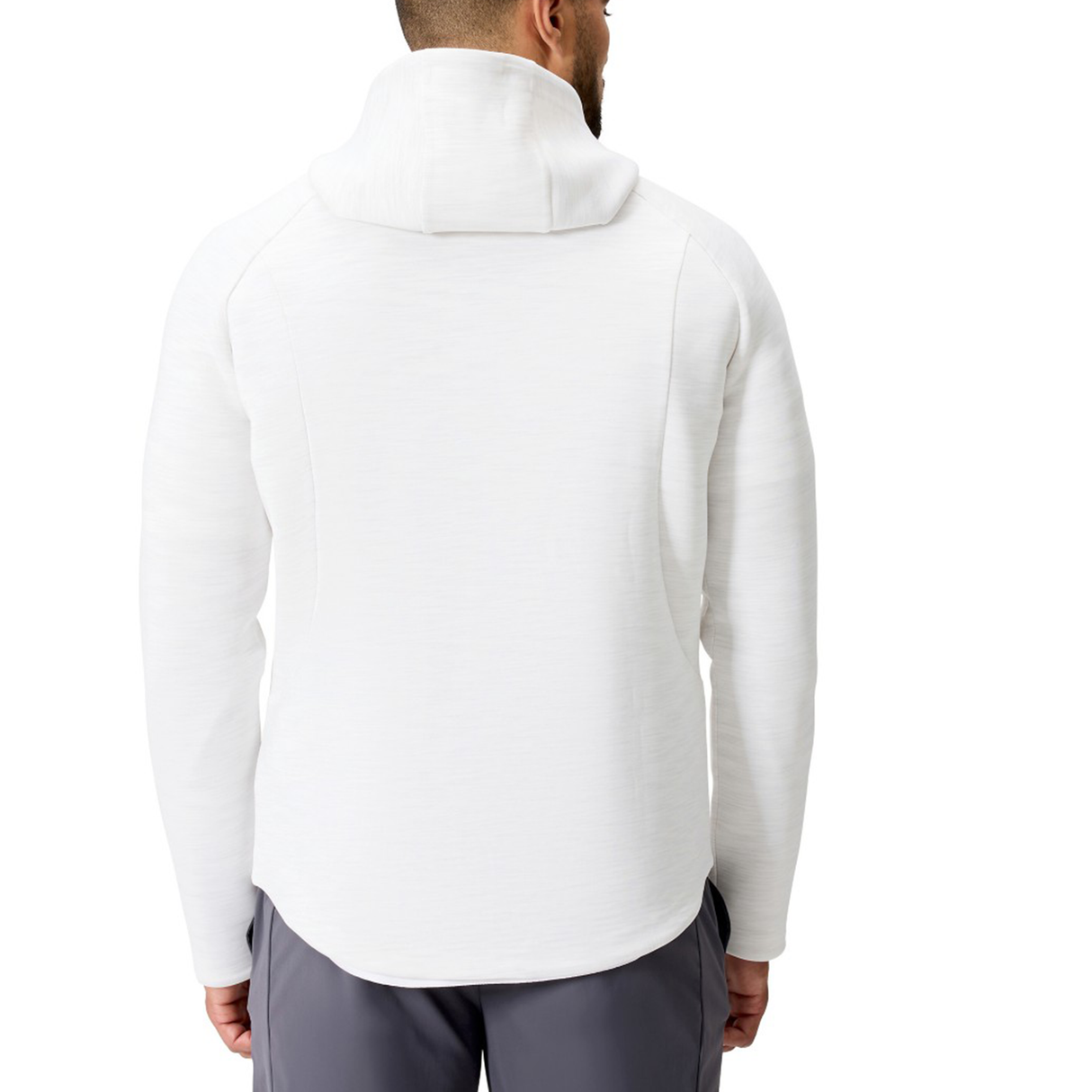 A man is shown from the back, wearing the Canterbury Everest Training Full-Zip Hoodie in white with gray pants against a plain white background.