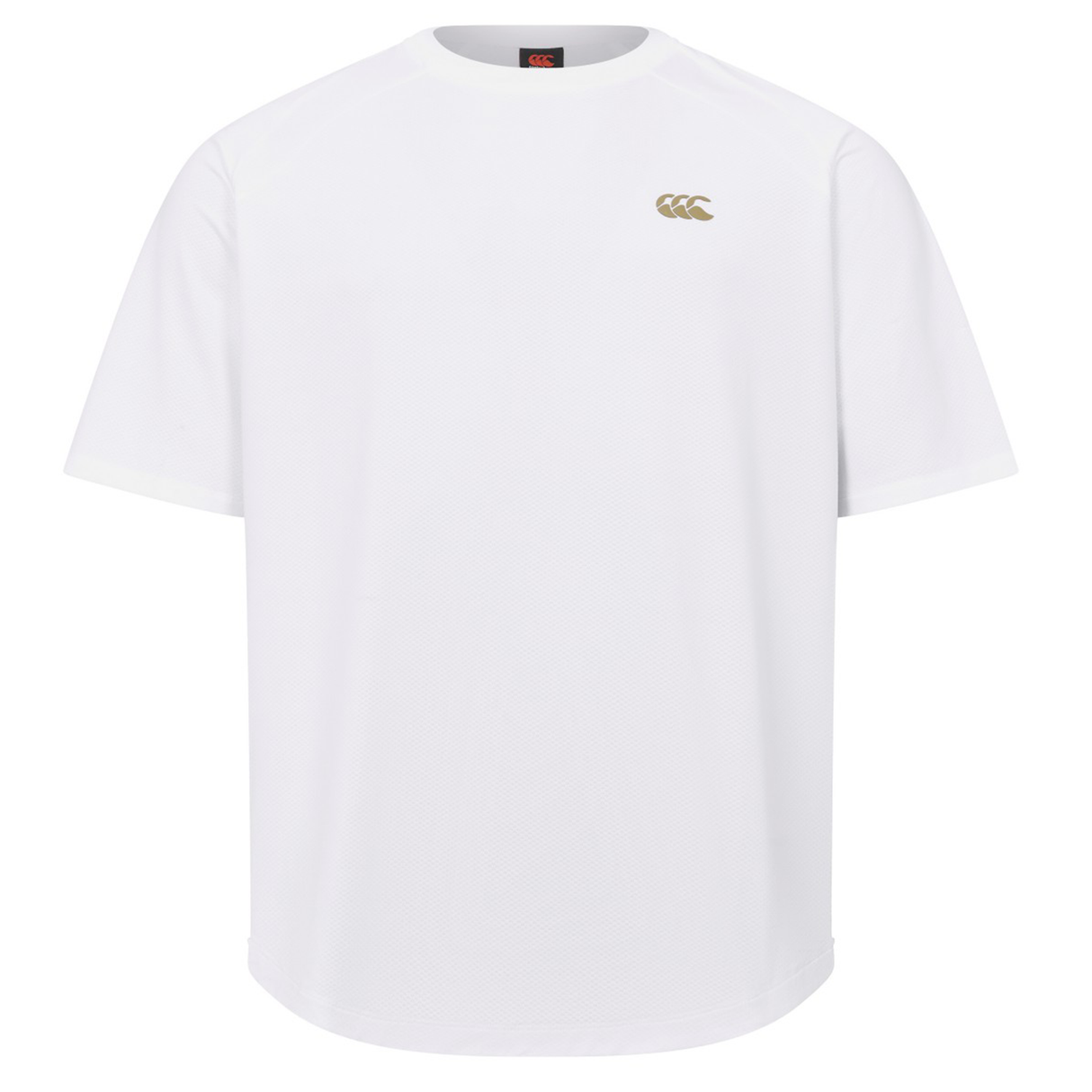 The Everest Training Tee by Canterbury is a plain white shirt featuring a small gold logo on the left chest and a performance fit, perfect for intense rugby training sessions.