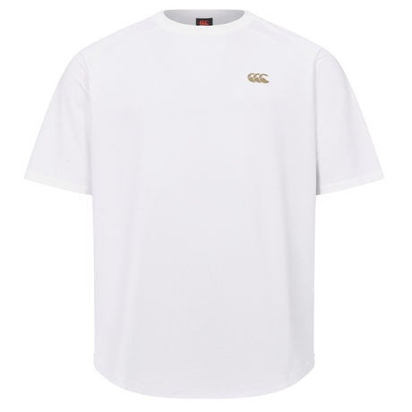 The Everest Training Tee by Canterbury is a plain white shirt featuring a small gold logo on the left chest and a performance fit, perfect for intense rugby training sessions.