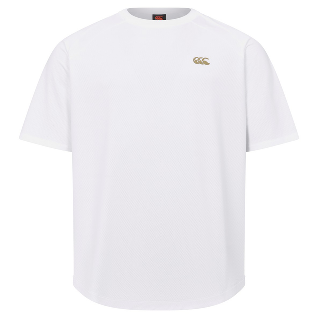The Everest Training Tee by Canterbury is a plain white shirt featuring a small gold logo on the left chest and a performance fit, perfect for intense rugby training sessions.