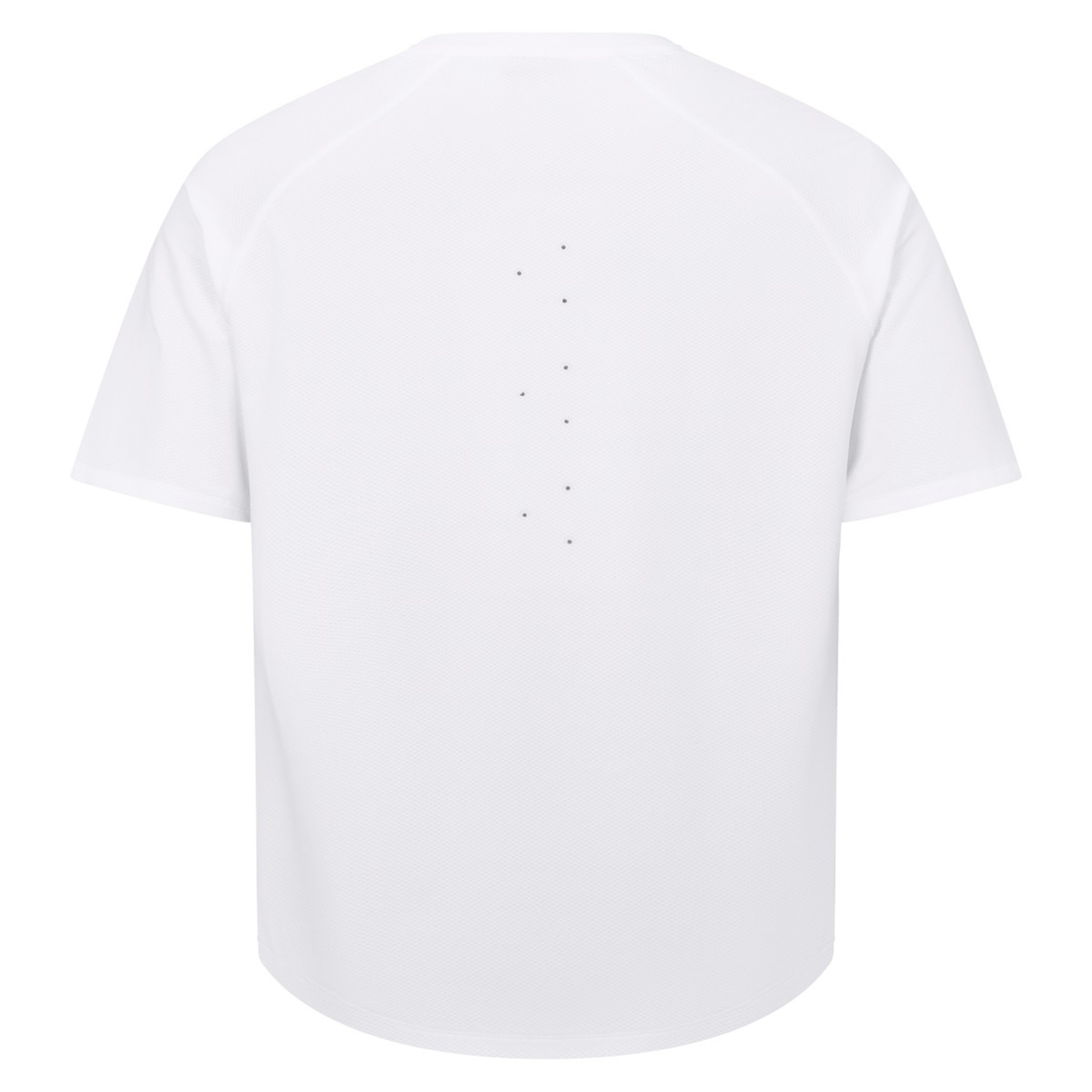 The back of the Canterbury Everest Training Tee features a vertical line of small black dots. This plain white, short-sleeve performance fit shirt is ideal for rugby training sessions.