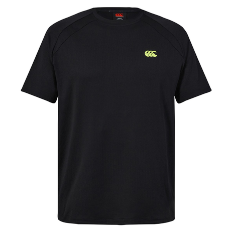 The Everest Training Tee by Canterbury is a plain black short-sleeve rugby training shirt featuring a small yellow Canterbury logo on the upper left chest, designed for a comfortable performance fit.