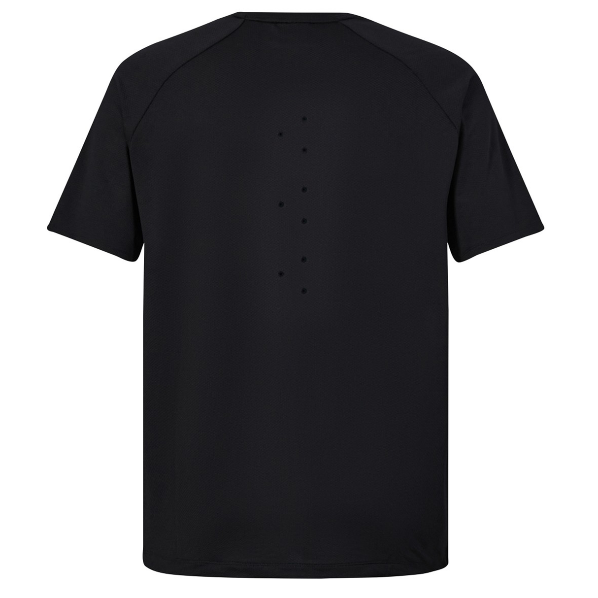 Back view of the Canterbury Everest Training Tee, a black short-sleeve rugby shirt with vertical ventilation holes along the center for enhanced breathability.
