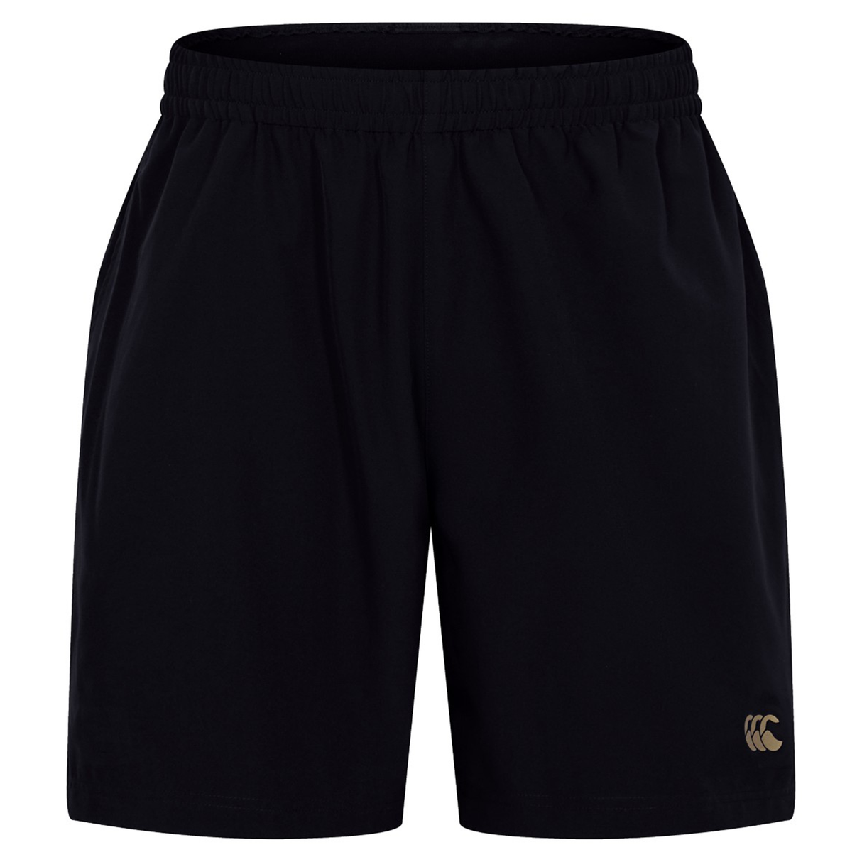 The Canterbury Tempo+ 7" Training Shorts are plain black with an elastic waistband and a small white logo on the lower left leg.