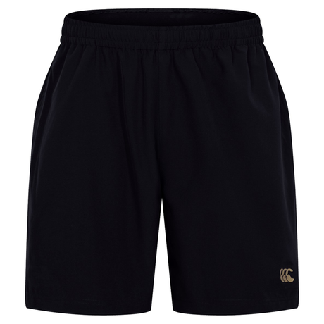 The Canterbury Tempo+ 7" Training Shorts are plain black with an elastic waistband and a small white logo on the lower left leg.