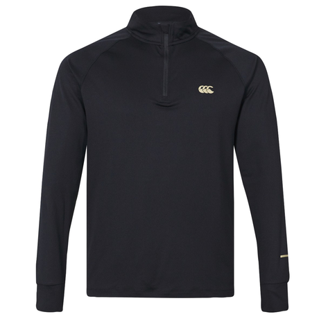 The Canterbury Tempo+ 1/4 Zip Training Top features a black design with long sleeves, a quarter-zip collar, and a gold chest logo—ideal as a stylish rugby training top.