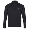 The Canterbury Tempo+ 1/4 Zip Training Top features a black design with long sleeves, a quarter-zip collar, and a gold chest logo—ideal as a stylish rugby training top.