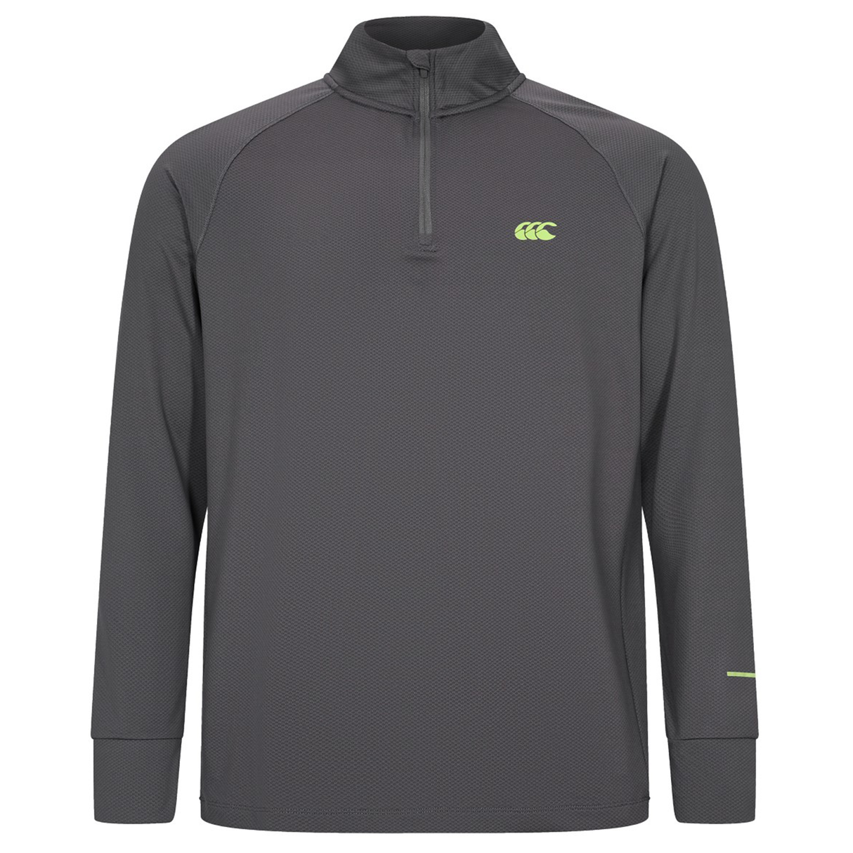 The Canterbury Tempo+ 1/4 Zip Training Top is a dark gray, long-sleeve rugby top with a quarter-zip collar and a subtle yellow logo on the left chest.