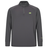 The Canterbury Tempo+ 1/4 Zip Training Top is a dark gray, long-sleeve rugby top with a quarter-zip collar and a subtle yellow logo on the left chest.